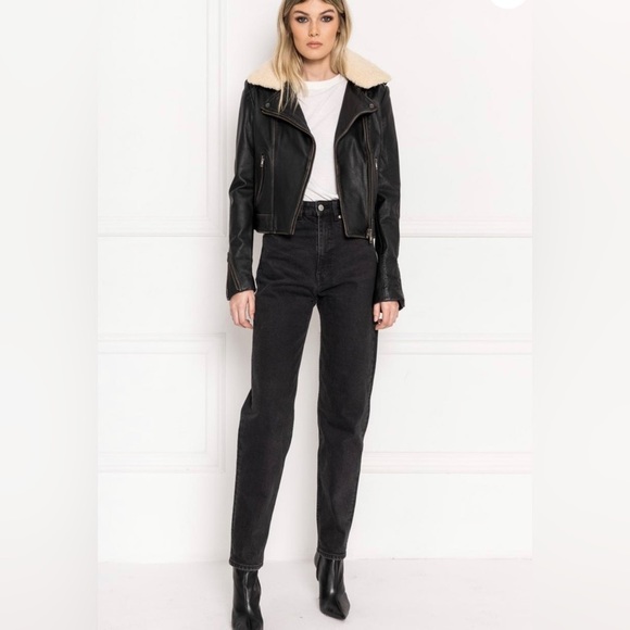 Michael Kors Jacket 100% Genuine Leather Aviator Zipped Jacket Sherpa Collar A1 - Picture 2 of 10